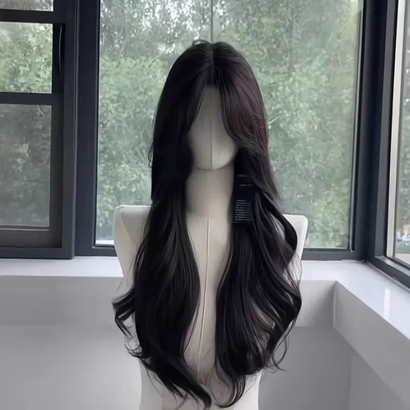 women's long hair black simulated hair new fashionable and versatile eight character bangs lazy curly hair wig