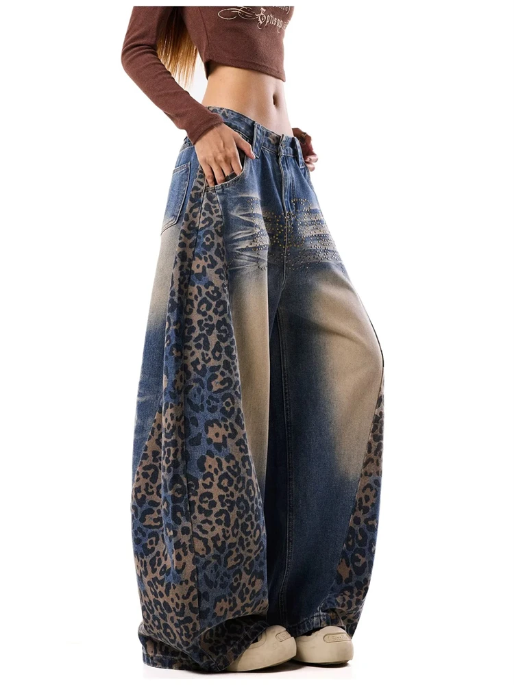 Women's Splicing Leopard Baggy Jeans Casual Pants Hip-hop Girl Sweatpants Street Wide Leg Bottoms Female High Waist Trousers