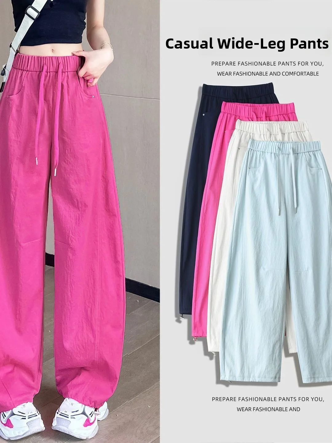 

Ice Silk Wide Leg Pants Elastic Drawstring Cool Feeling Summer Sporty Loose Fit Casual Trousers for Women High Waist Straight...