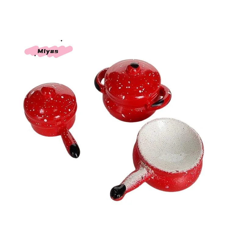 3개 세트 미니어처 인형집 빨간 냄비 모델 1/12 주방 장면 장식 시뮬레이션 인형집 주방용품 역할 놀이 장난감 어린이용