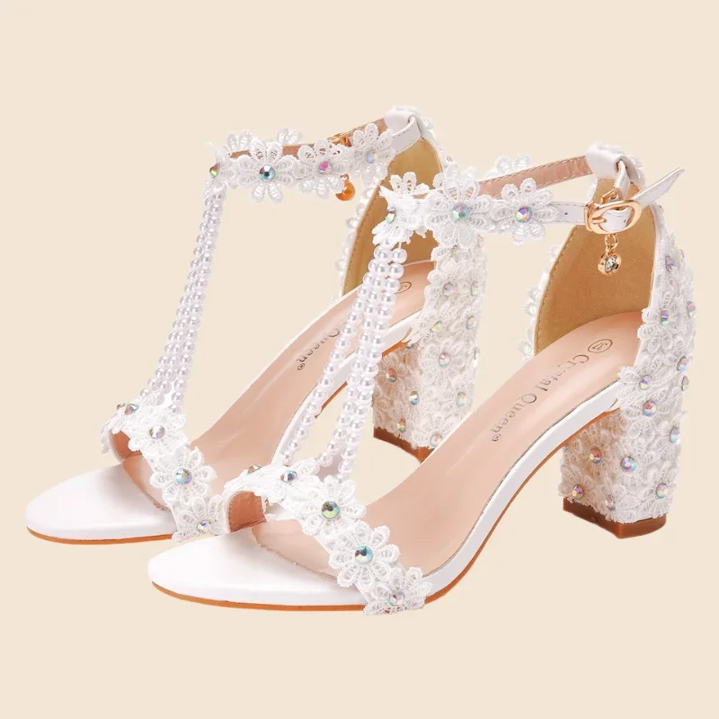 Shallow Mouth White Lace Bride Wedding Shoes Comfortable Plus Size Thick Heel Sandal Open Toe Beaded Square Heel Available Elf