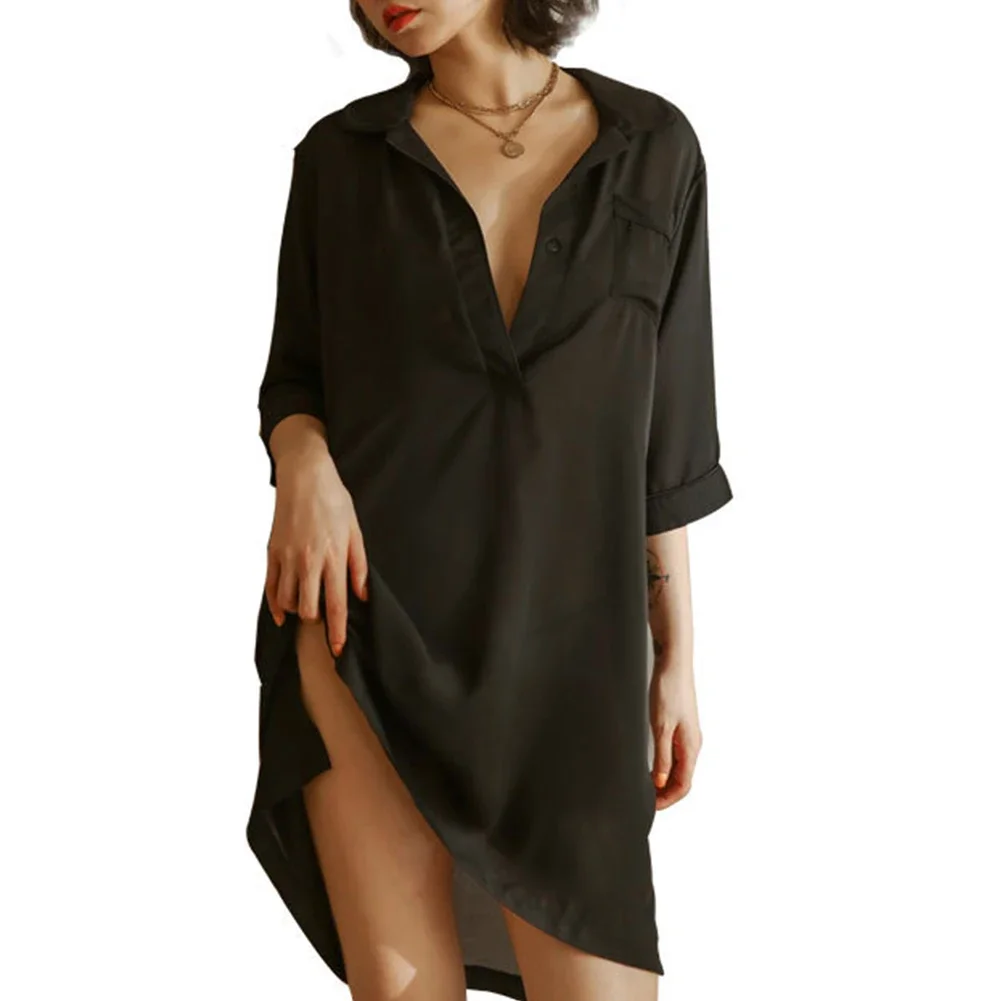 Boyfriend Style Womens Sexy Sleepwear Shirt Dress T Back Nightwear Female Deep V Neck Short Sleeve Perspective Pajama Nightdress