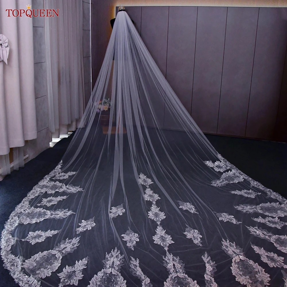 TOPQUEEN V146 Long Bridal Veils Soft 4M Cathedral Wedding Veil of Bride Royal Veil Edged in Romantic Eyelash Lace Floral