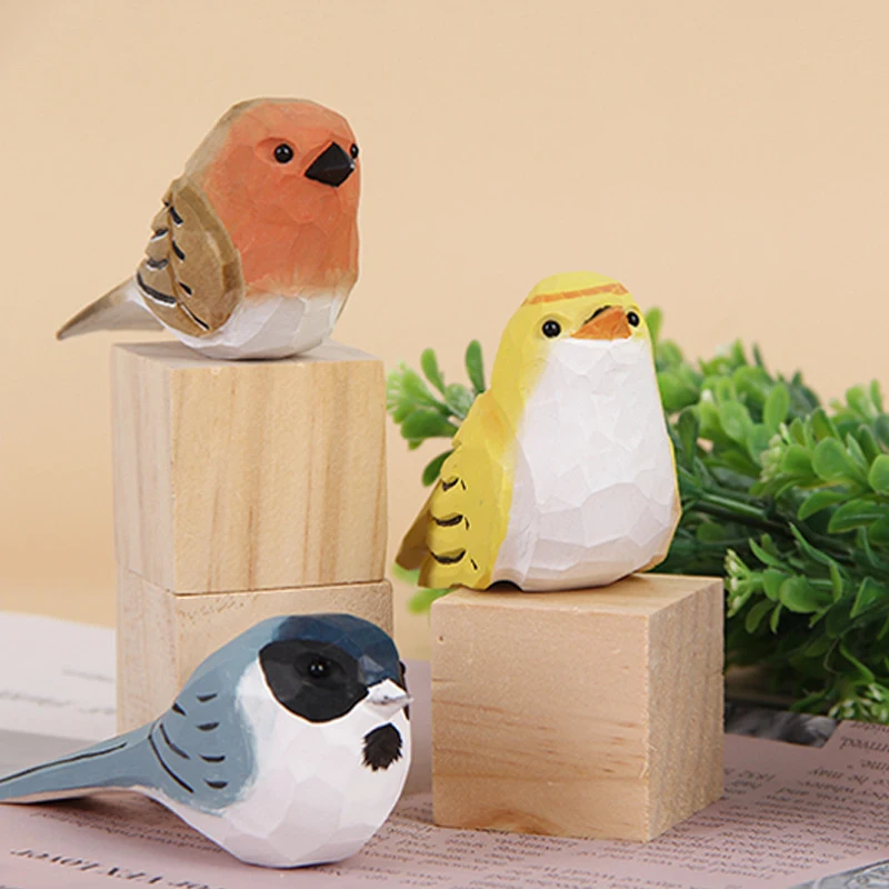 Wood Robin Bird Figurine Small Bird Statue Art Handmade Carving Birds Miniature Animals Crafts Home Desktop Decoration