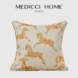Medicci Home Chinese Style Cushion Cover Soft Gold Faux Silk Horses Jacquard Animal Throw Pillow Case With Invisible Zipper