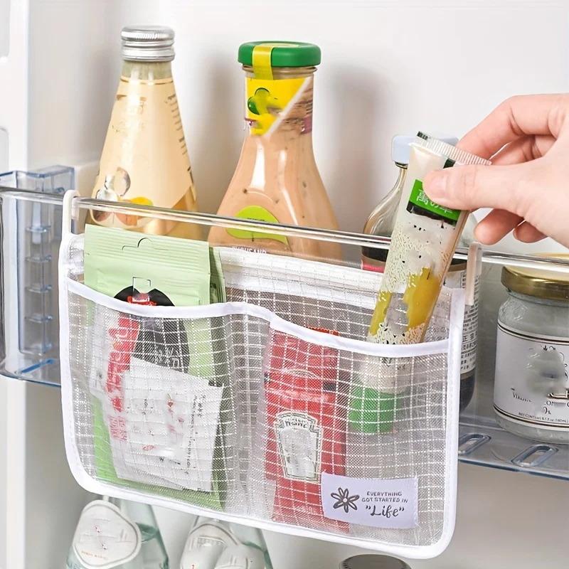 1Pcs Refrigerator Storage Mesh Bag Double Compartment Hanging Pouch Kitchen Organizer Pockets with Hook Washable Fridge Net Bag
