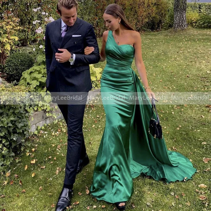 Vestido de dama de Honor marrón caramelo de un hombro, satén brillante plisado, Cinta Larga de sirena, champán, vestidos de noche