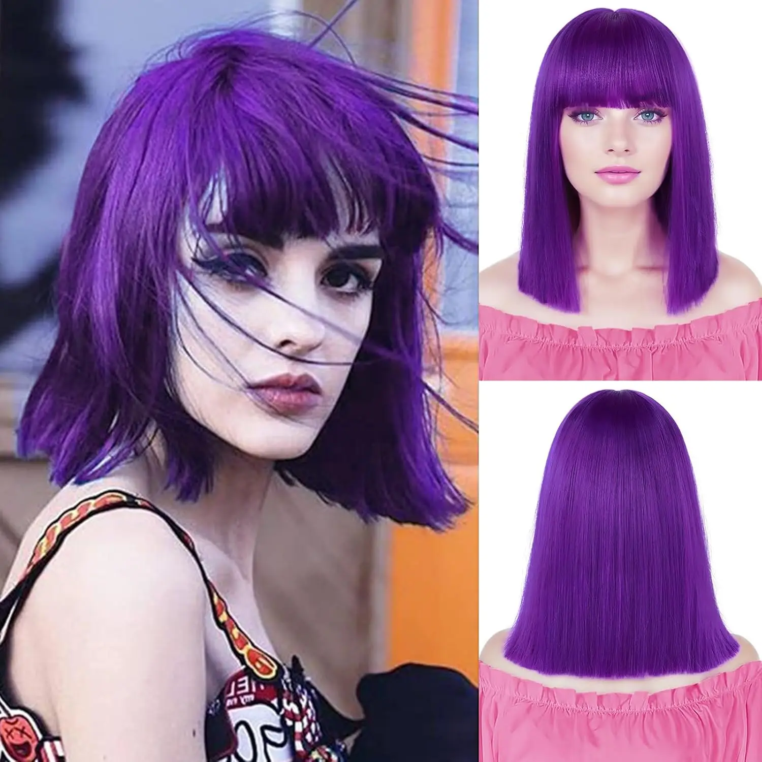 

Synthetic Purple Straight Bob Wig with Bangs Short Purple Bob Wigs for Women Shoulder Length Heat Resistant Bangs Wig for Daily