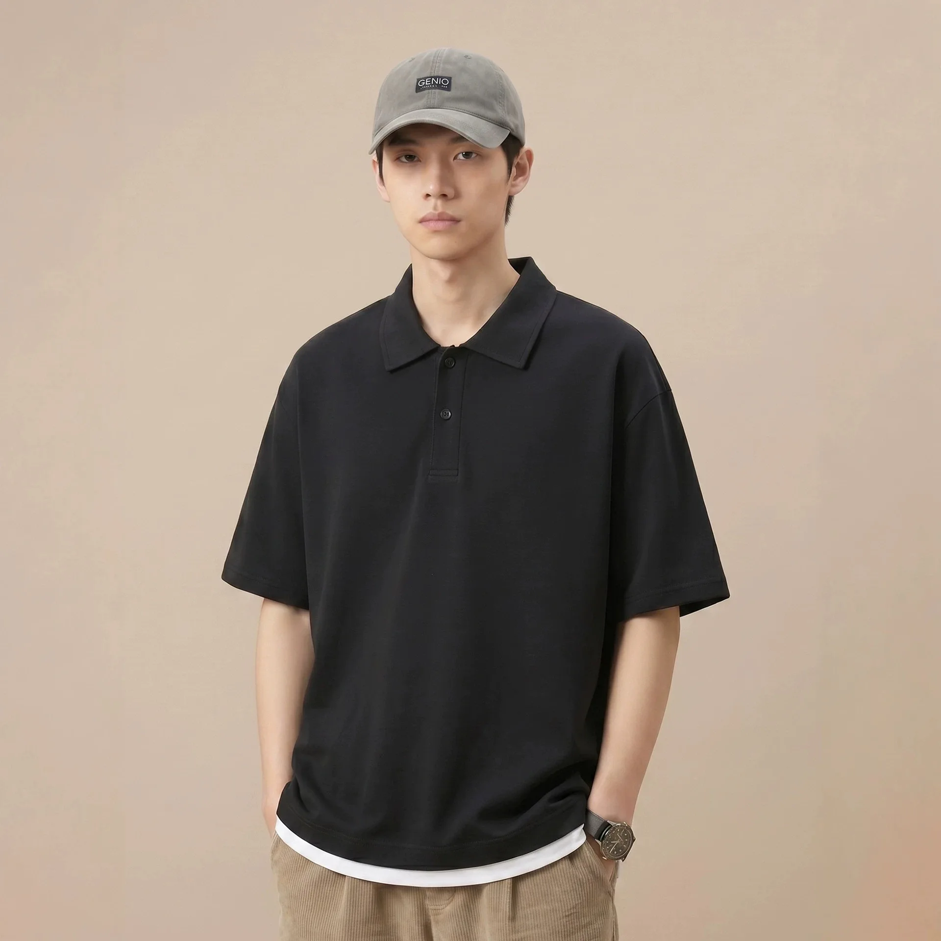 Summer Casual Loose Fit Color Block Polo Shirt Short Sleeve Turn Collar Fake Two-Piece Men's Comfortable Fashionable T-Shirt