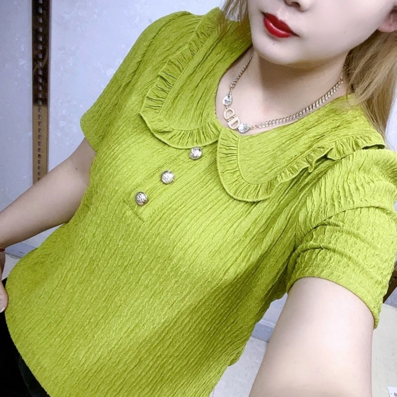 2024 New Summer Sweet Girl Loose and Versatile Solid Color Chiffon Pullover Doll Neck Pleated Short Sleeve Women's T-shirt Top