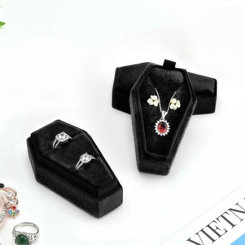 

Gothic Black Coffin Shape Velvet Ring Necklace Earrings Box Jewelry Display Box with Detachable Lid Ring Holder Storage Box