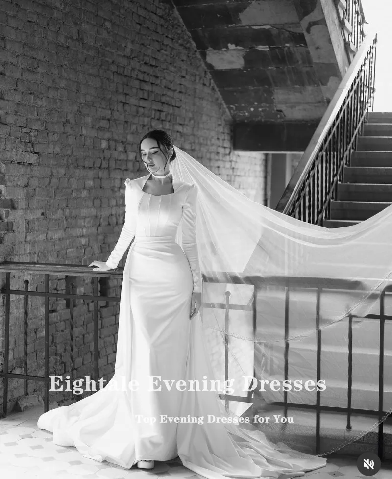 Eightale Muslim Wedding Dress with Detachable Skirt V-Neck Satin Customized Arabic Bridal Gown Long Sleeves Vestido De Noiva