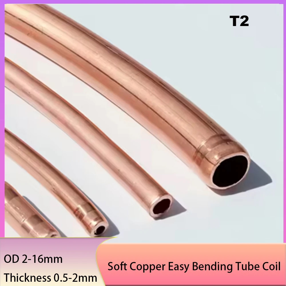 Pure Copper 99.9% T2 Soft Copper Easy Bending Tube Coil OD 2-16mm Thickness 0.5-2mm Air Conditioning Oil Water Cooling Pipe
