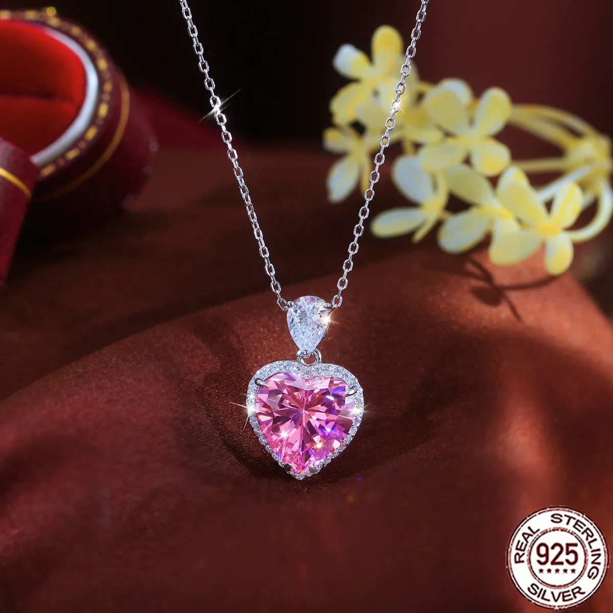QooLady 925 Sterling Silber Herzförmige Rosa CZ Anhänger Halskette Glänzende Kette Jubiläums-Geburtstagsgeschenk für Sie SD081 – Detail 5
