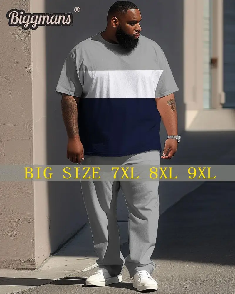 Biggmans-Conjunto de camiseta y pantalones de manga corta con cuello redondo para hombre, traje de talla grande con estampado de bloques de color,