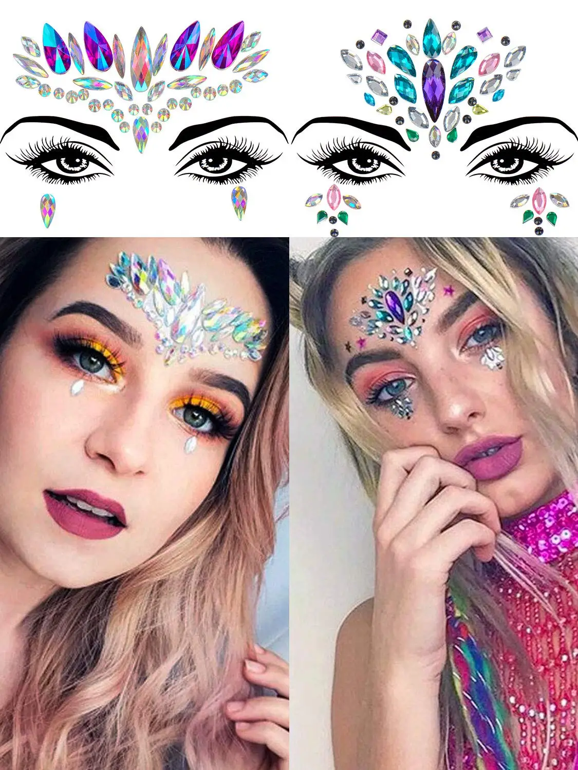 8pcs Face Festival Stickers 3D Diamond Temporary Tattoo Kids Show Makeup Halloween Party DIY Face Jewelry Tattoo Decoration