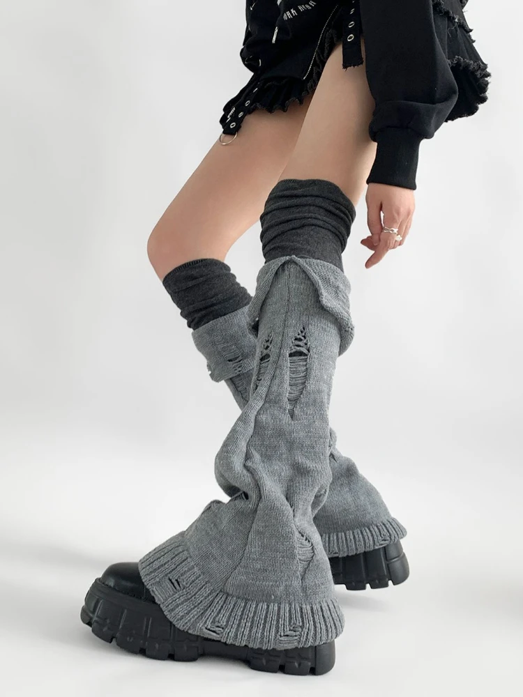 Japanese Lolita Y2k Solid Color Leg Warmers Women Ripped Vintage Foot Heel Warm Knitted Knee High Socks Legging Gaiters Cover