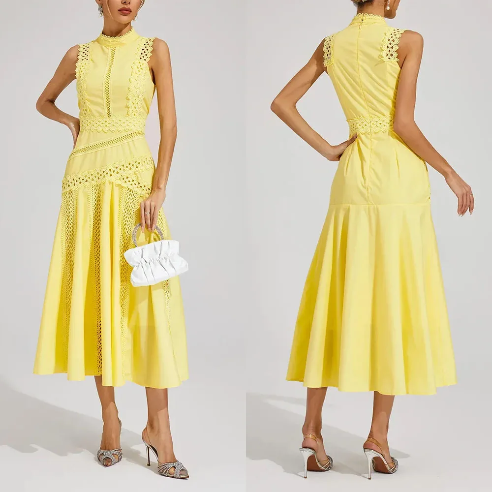 

High Quality Customized High Collar Sleeveless Tea Length Yellow A-line Woman Elegant Dress Women Wedding Party فساتين السهرة