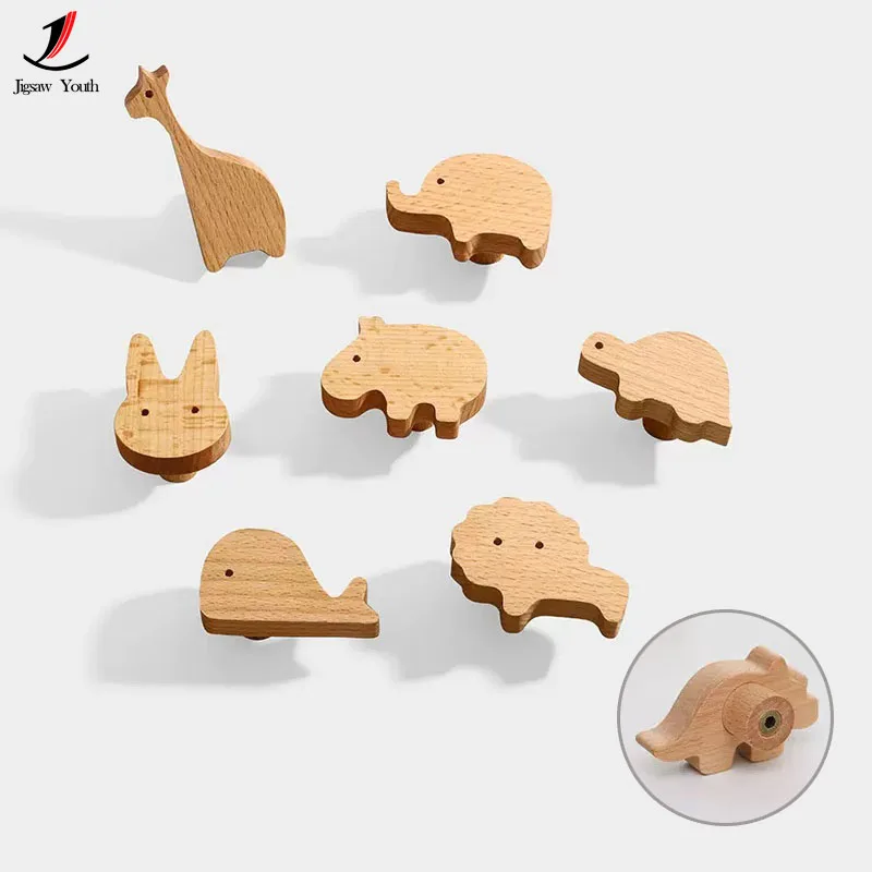 Manija de puerta de gabinete de madera de dibujos animados, manija de puerta de armario de animales para habitación de niños, manija de puerta de gabinete con cajones de madera maciza
