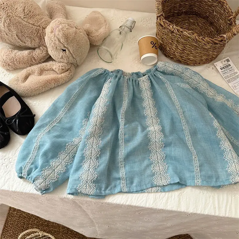 Chemise bleue à col rond pour enfants, haut doux et mignon, vêtements à la mode pour bébé fille, nouveau produit, printemps et été