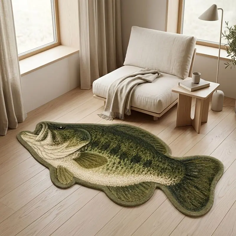 VIKAMA Bass Fish Rug Novelty Animal Shape Floor Mat Lifelike Fish Carpet Bedroom Living Room Decoration Home Accent Rug