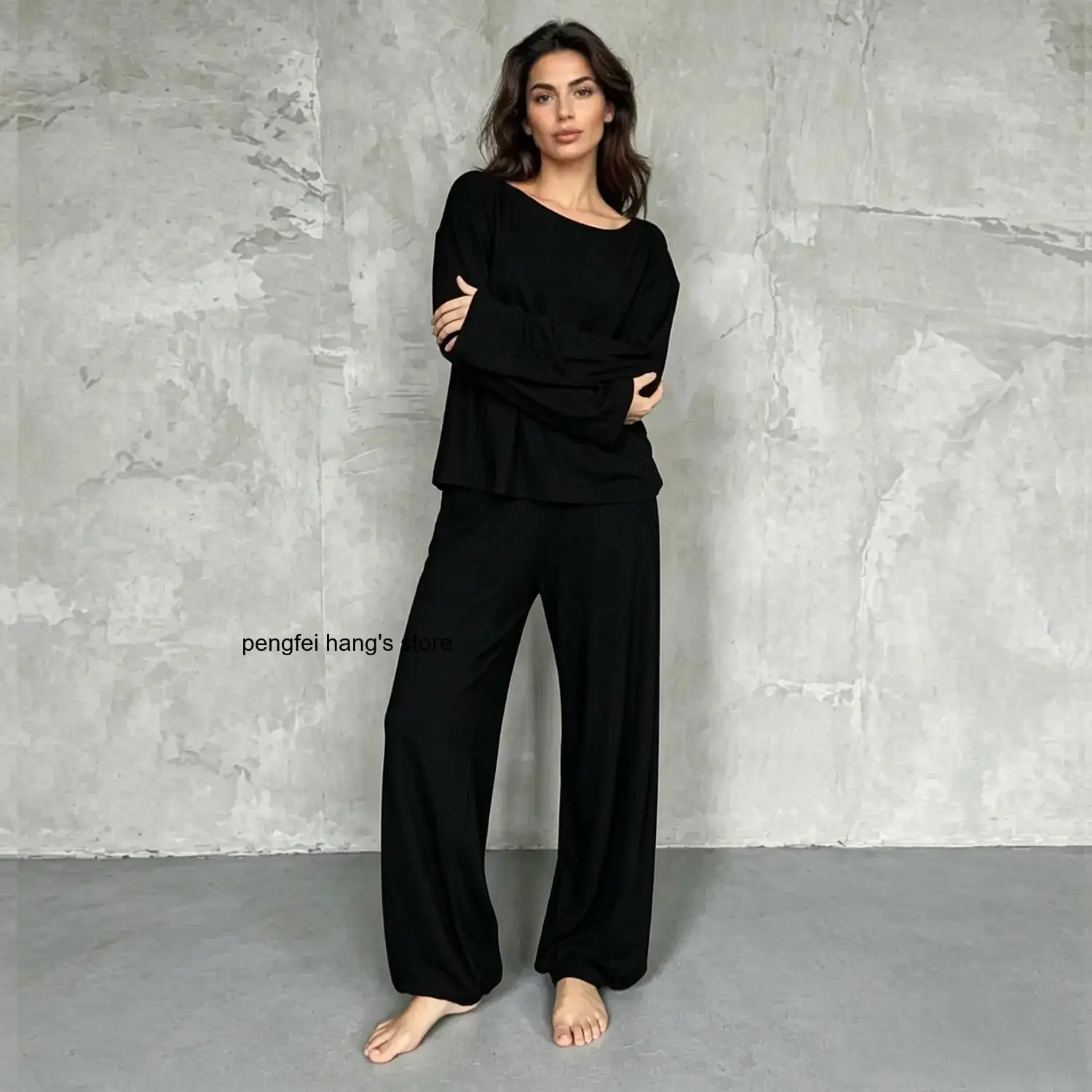 New Arrival Women Simple Loose Jogger Pants Pajama Set Modal Long Sleeve Trousers Loungewear Sleepwear 2 Piece Outfit