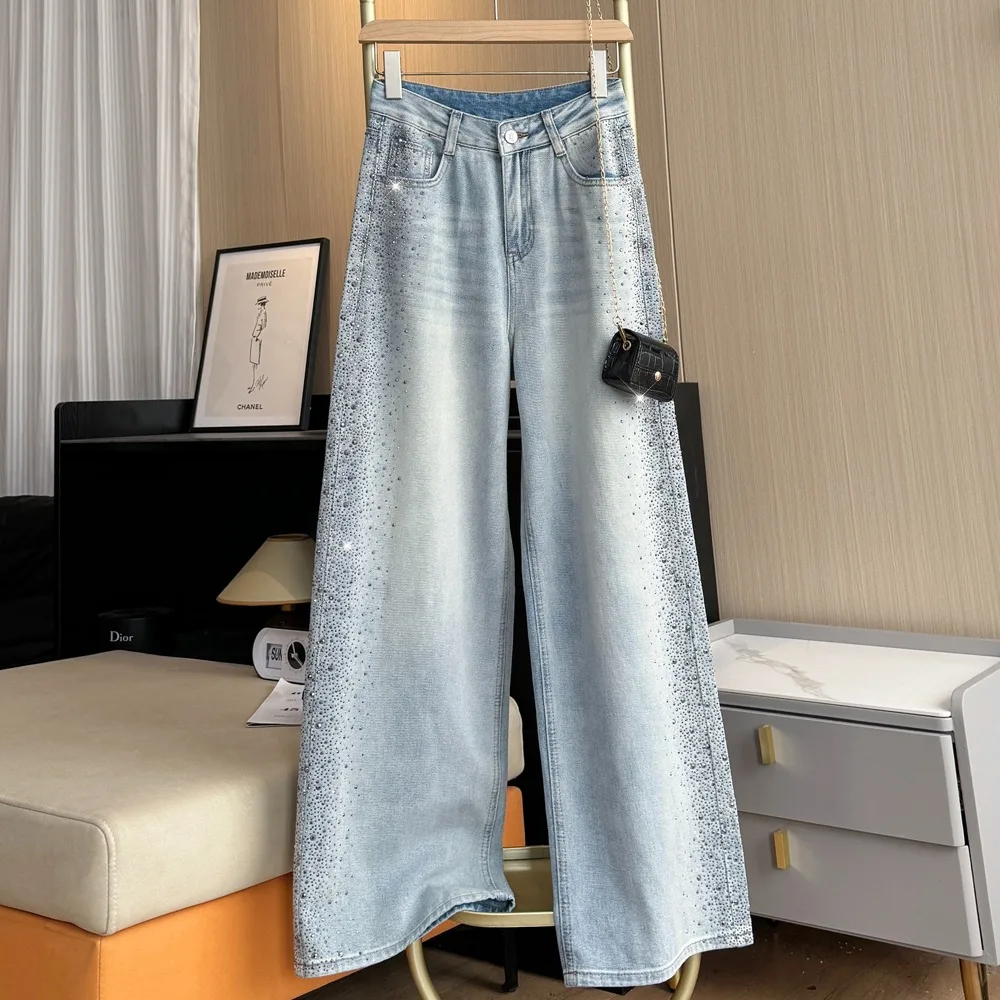 

Блестящие прочные джинсы прямого кроя с высокой талией и стразами, женские весенне-летние облегающие длинные брюки свободного кроя в корейском стиле
