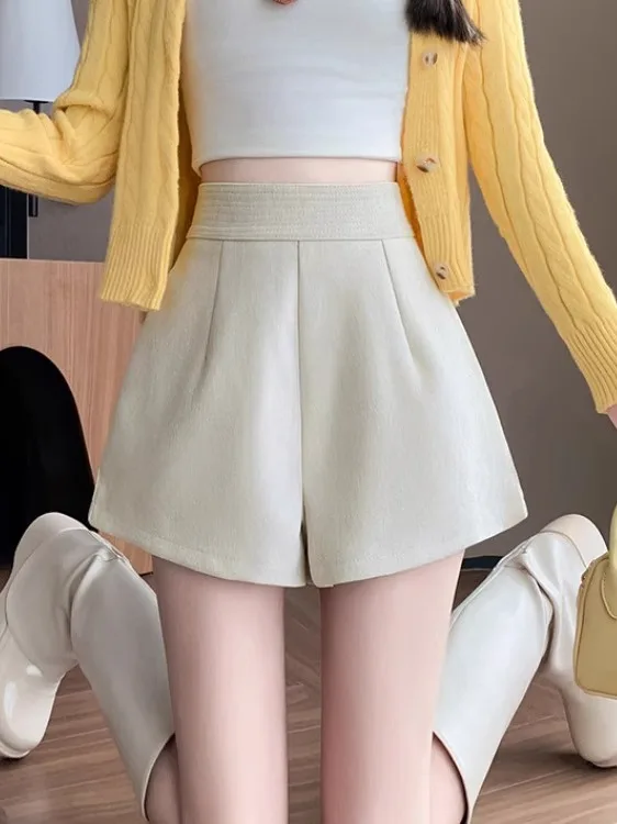 

High Waist Wide Leg Woolen orts Women's Autumn Winter New Sle Casual Boot Pants Simple Design Chinchilla Fabric Ladies Tr...