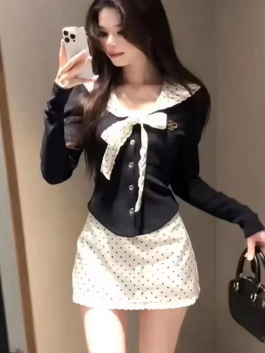

Chic Sweet And Spicy Polka Dot Skirt Set Spring 2025 Fashionable Elegant Two-Piece Suit Women's Polyester Long Sleeve ro...