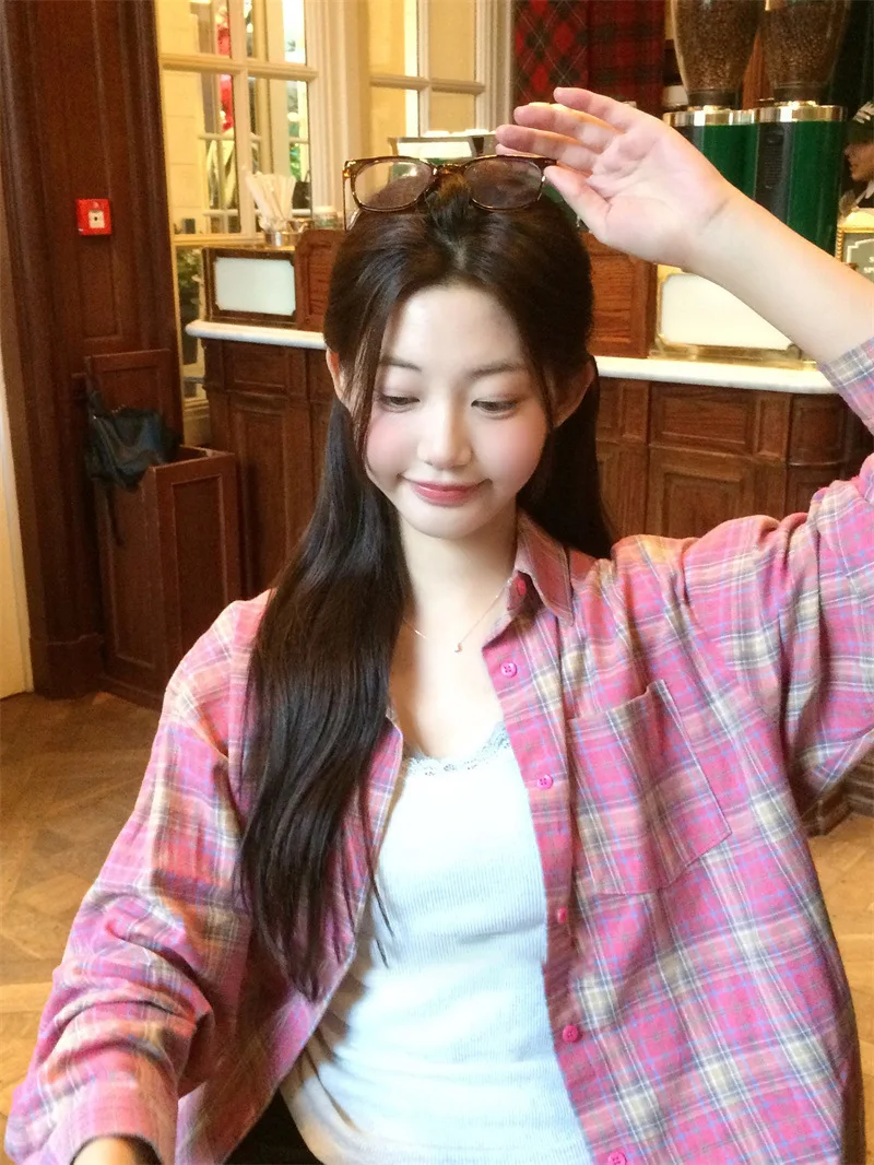 

Sweet Honeycomb Pink Plaid Loose Long Sleeve Shirt Women's New Spring Lazy Style Casual Cotton Business Office Wear