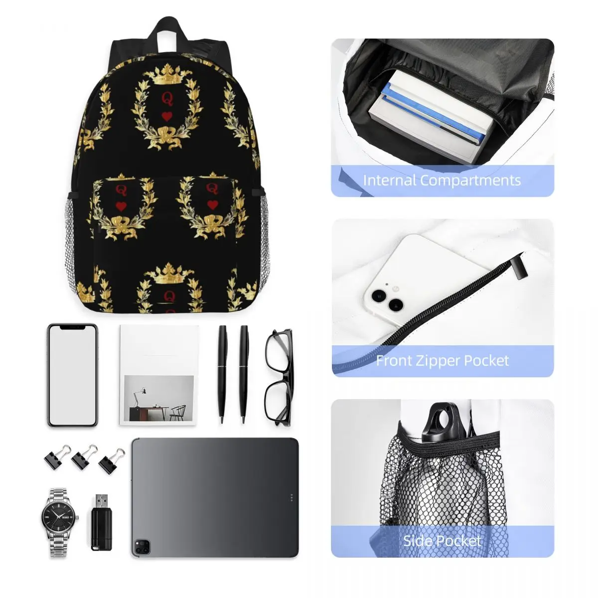 Queen Of Hearts Backpack Hot Sale Daypack Large Capacity Boys Girls BookBag Shoulder Bags for Men Women School Bag
