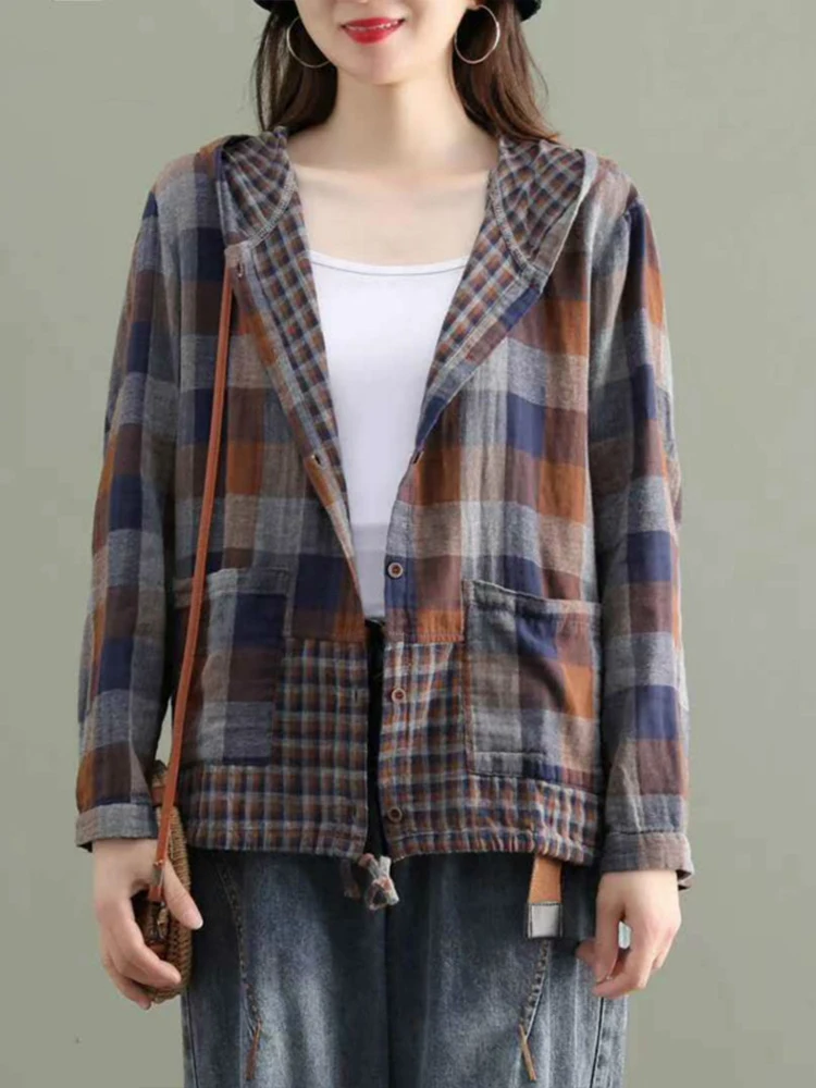 Max LuLu 2024 Fashion Korean Designer Clothes Womens Plaid Hooded Shirts Ladies Linen Loose Blouses Female Casual Oversized Tops