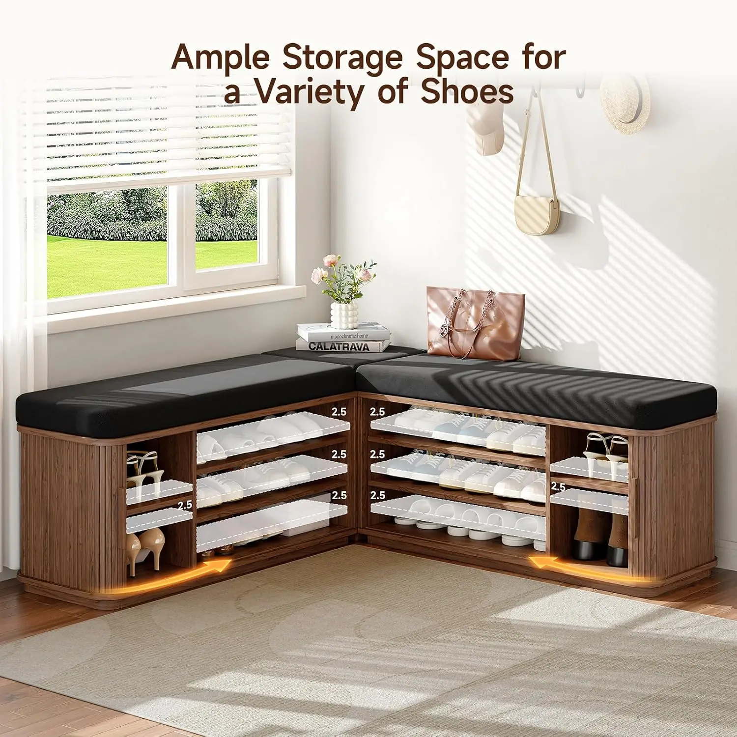L-Shape Storage Bench with Cushion, 55" Corner Shoe Benches, Walnut, Customized