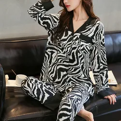 Spring and Fall Winter Pajamas Women Zebra Print Long Sleeve Long Pants 2PCS Set Home Wear Ladies Silk Comfortable Sleepwear