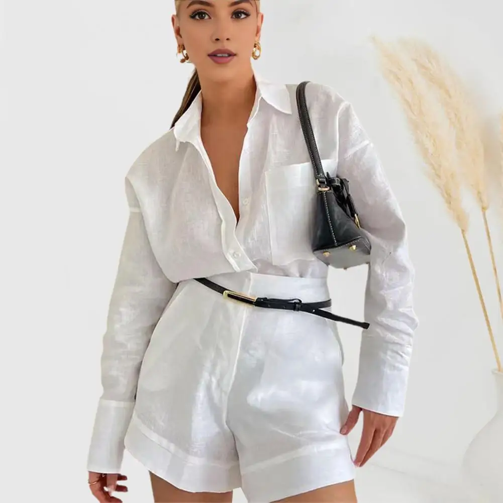 Fashion Loose Casual Long Sleeve Short 2 Piece For Women Lapel Shirt High Waist Shorts Suit 2024 Spring Highstreet Lady Outfit