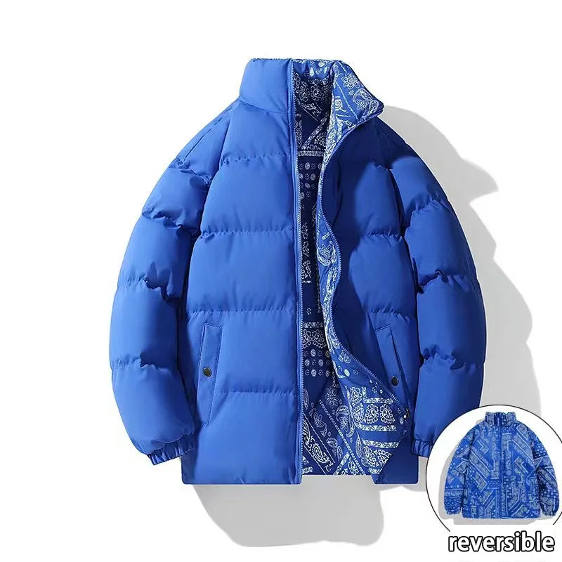 Double-Sided Wear Thickened Cotton Jacket for Men Women Stand Collar Warm Casual Loose Fit Winter Couple Windproof Bread Jacket