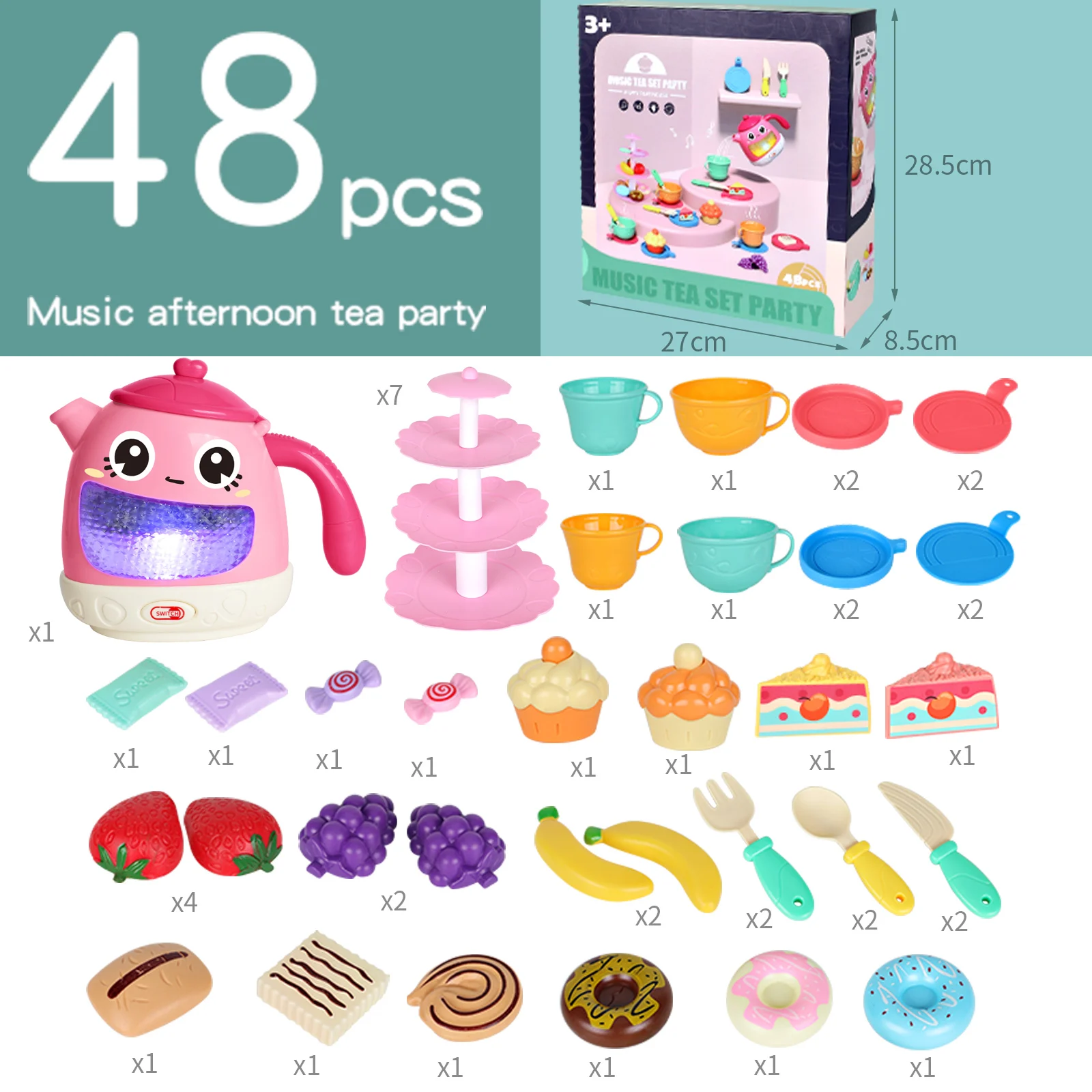 48 PCS Tea Set for Little Girls,For Toddlers Including Kettle with Music & Light, Cookies