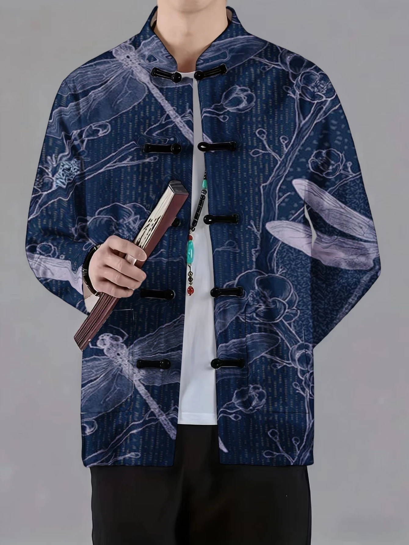 Men Mandarin Collar Frog Button Jacket Koi Marble Dragonfly Mountain Landscape Print Traditional Outerwear