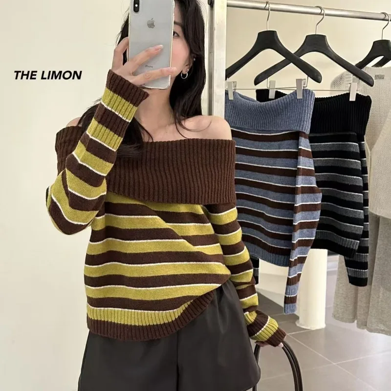 

Fashion Striped Contrasting One-shoulder for Women Korean Style Slimming Soft Waxy Long-sleeved Sweater Versatile Top