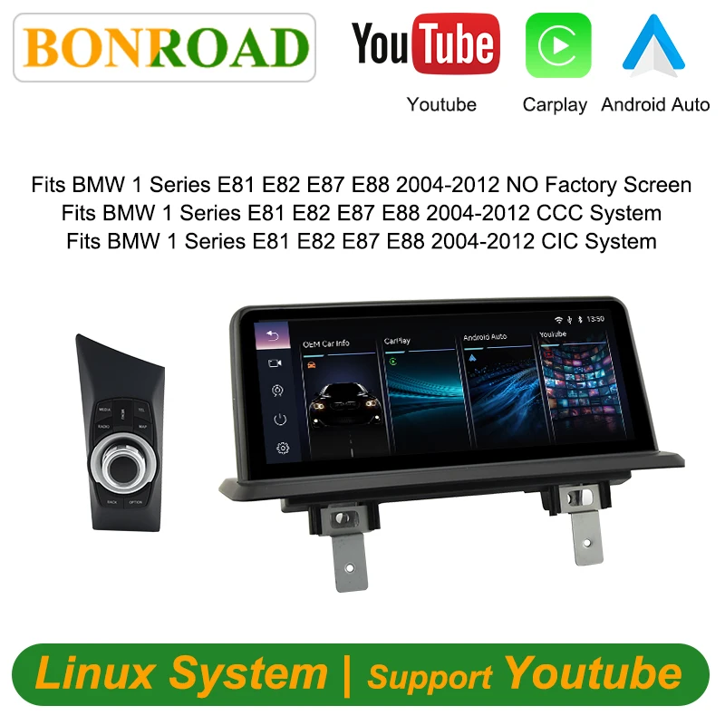 Bonroad 10.25 inch Linux Carplay scherm voor BMW 1 Serie 120i E81 E82 E87 E88 2004-2012 CCC CIC iDrive Android Auto Youtube Stereo - afbeelding 1