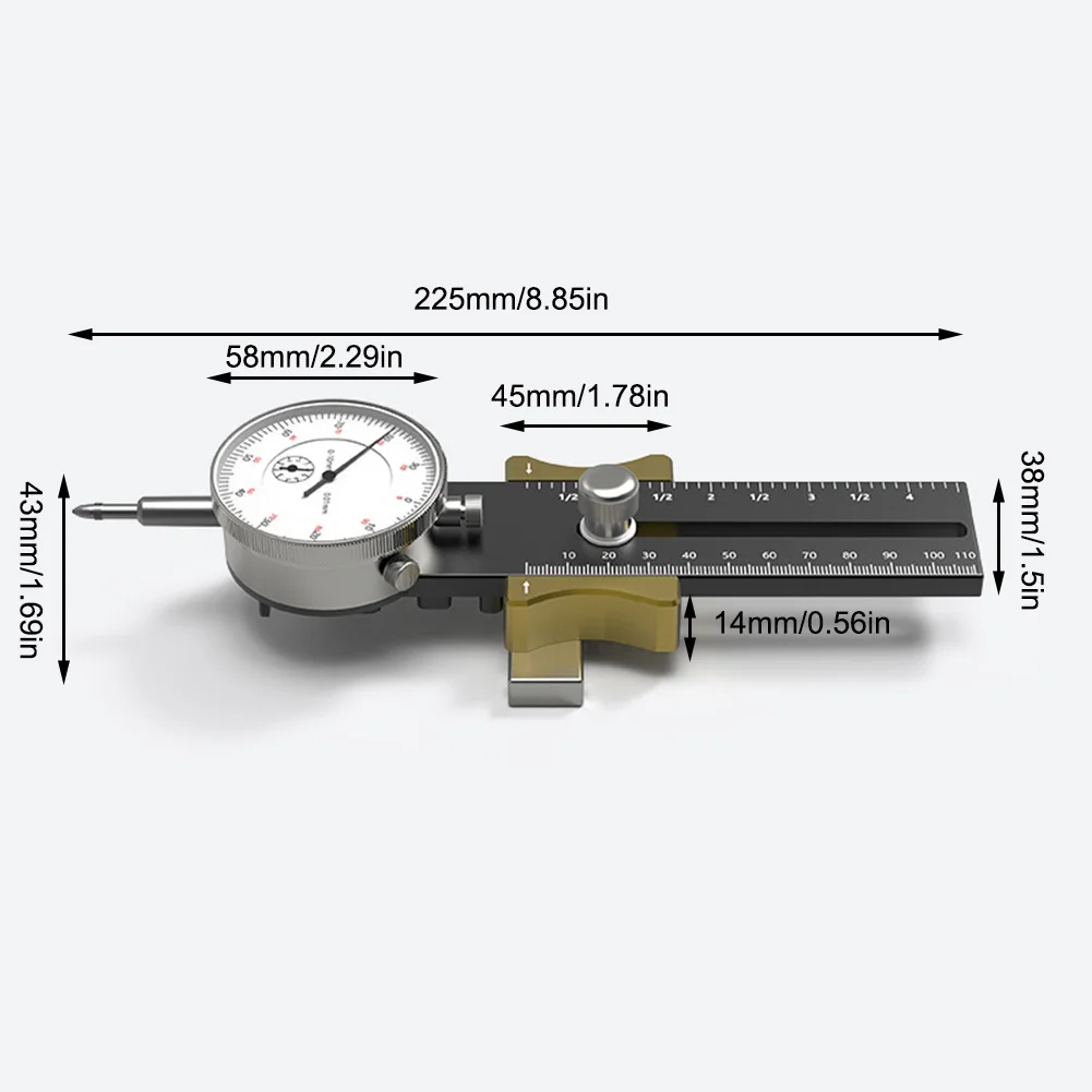 

Workshop dial indicator for table saw and drill calibration with adjustable measuring length and shock resistant dial