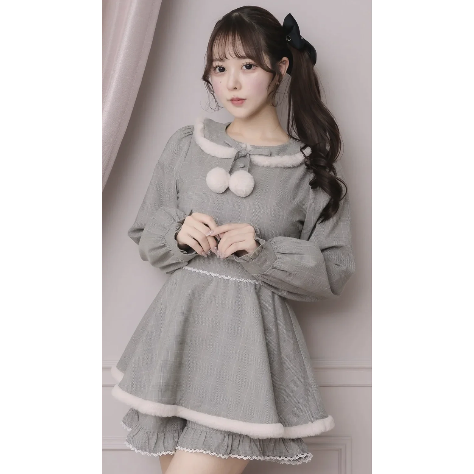 Japanese Style Elegant Sweet Plush Doll Collar Lace-up Bow Long Sleeve Lolita Mini Dress High Waist Shorts Two-Piece Set Women