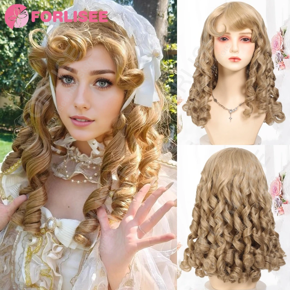 

16-дюймовые римские кудри, синтетические кудри Лолиты с челкой, блондинка, аниме-парик для женщин, вечерние, косплей, Хэллоуин, Рождественский подарок, парик LM