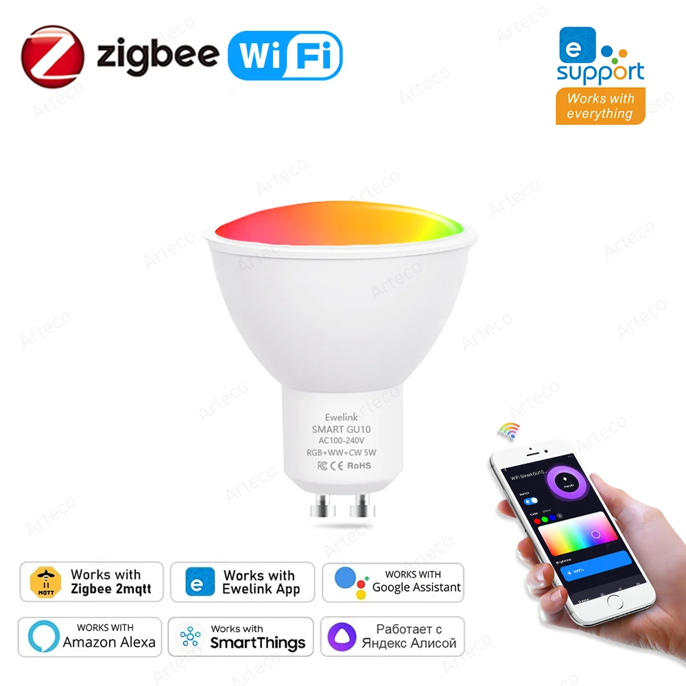 Ewelink GU10 Zigbee Żarówki LED Wifi Inteligentna lampa LED Reflektor RGB CW WW Żarówka LED Współpracuje z Alexa Google Yandex Smartthings