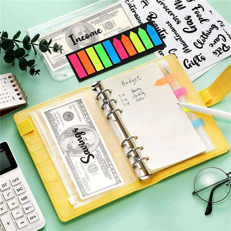 

EDT-48X A6 Binder Pockets Zipper Folders With Cash Envelope Labels Stickers Budget Envelopes Labels