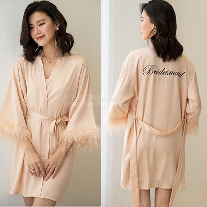 Feather Embroidery Robe&Nightgown Set Bride Bridesmaid Wedding Nightdress French Style Kimono Bathrobe Casual Rayon Sleepwear