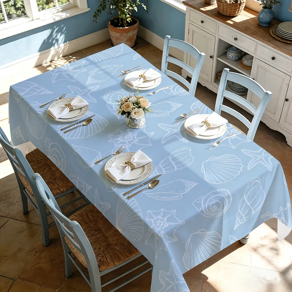 Light blue shell star print tablecloth for terrace interior and exterior decoration, made of durable polyester.
