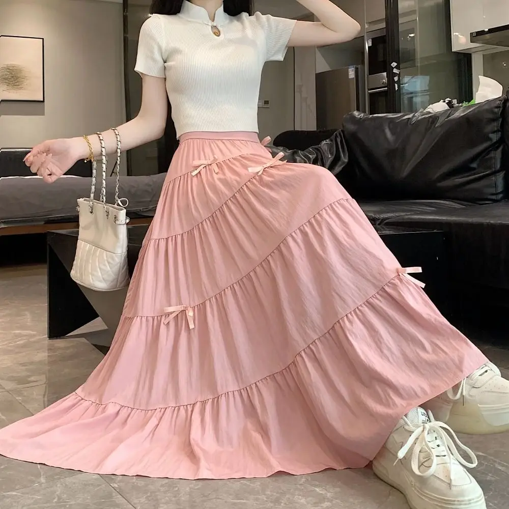 Elegante Strik Gelaagde Midi Rok Geplooide Hoge Taille Lange Taart A-lijn Rokken Korea Stijl Chic Zeven Punt Lange Jurk Streetwear
