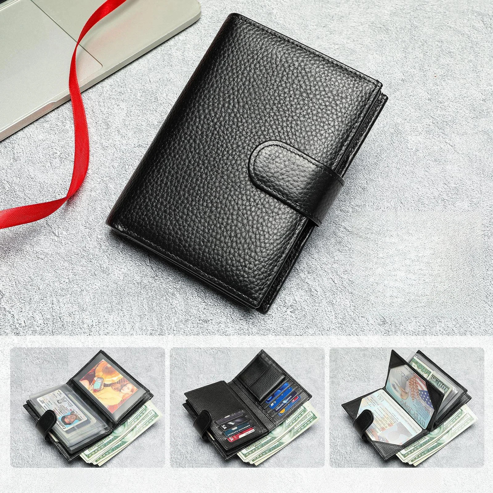 men's-top-layer-cowhide-wallet-with-buckle-short-style-inner-zipper-large-capacity-card-holder-integrated-design-dad's-style