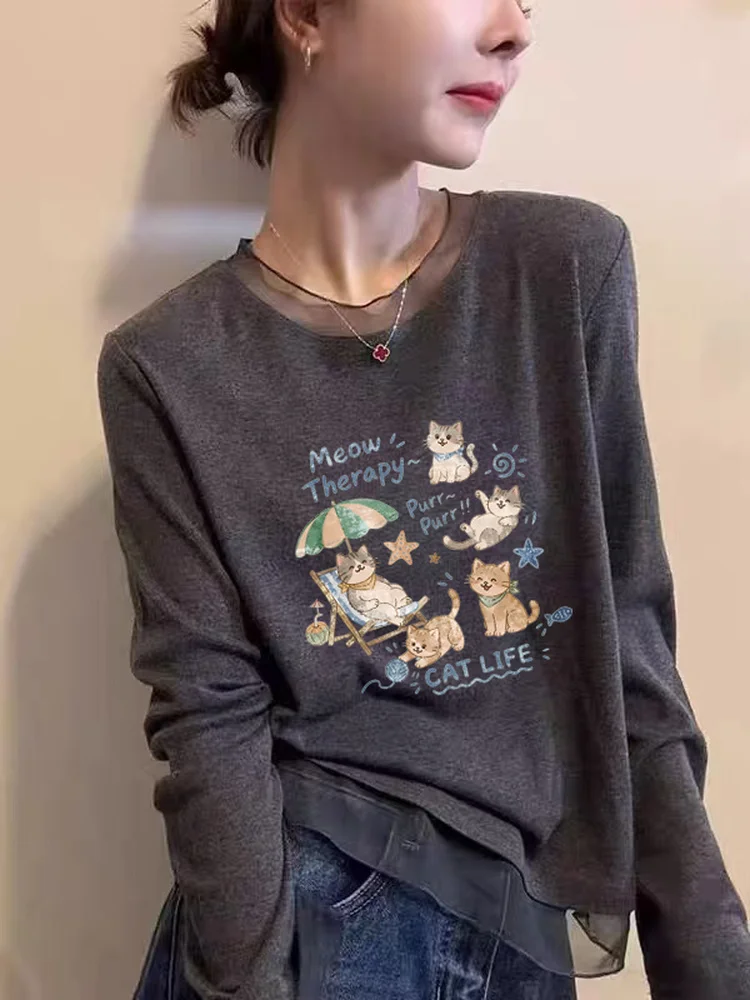 Korean Style Long Sleeve T-Shirt Women's Mesh Lace under Shirt Fashionable Versatile Slimming Top Commute Style Winter Season